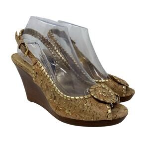 Jack Rogers Claudette Gold Cork Whip Stitch Wedge Slingback Sandals 8